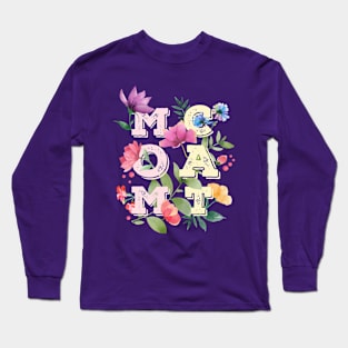 MOM CAT Letters with Flowers (Black Background) Long Sleeve T-Shirt